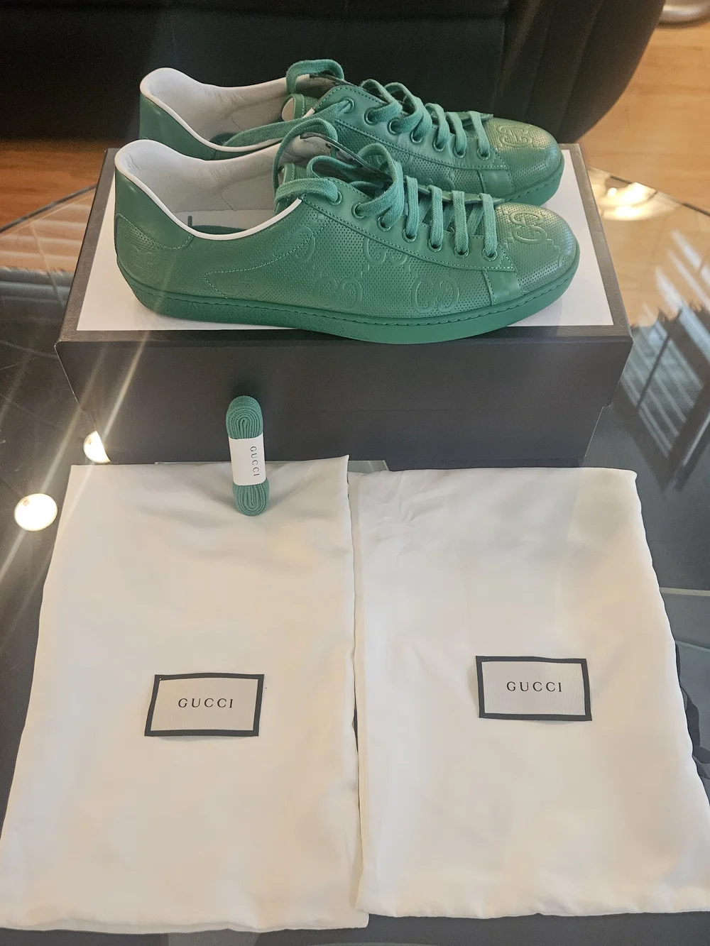 Gucci Green Embossed GG Leather Low-Top Sneakers